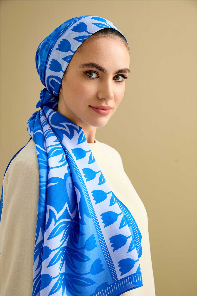 Imannoor Tulip Road Blue Cotton Voile Shawl 70x200