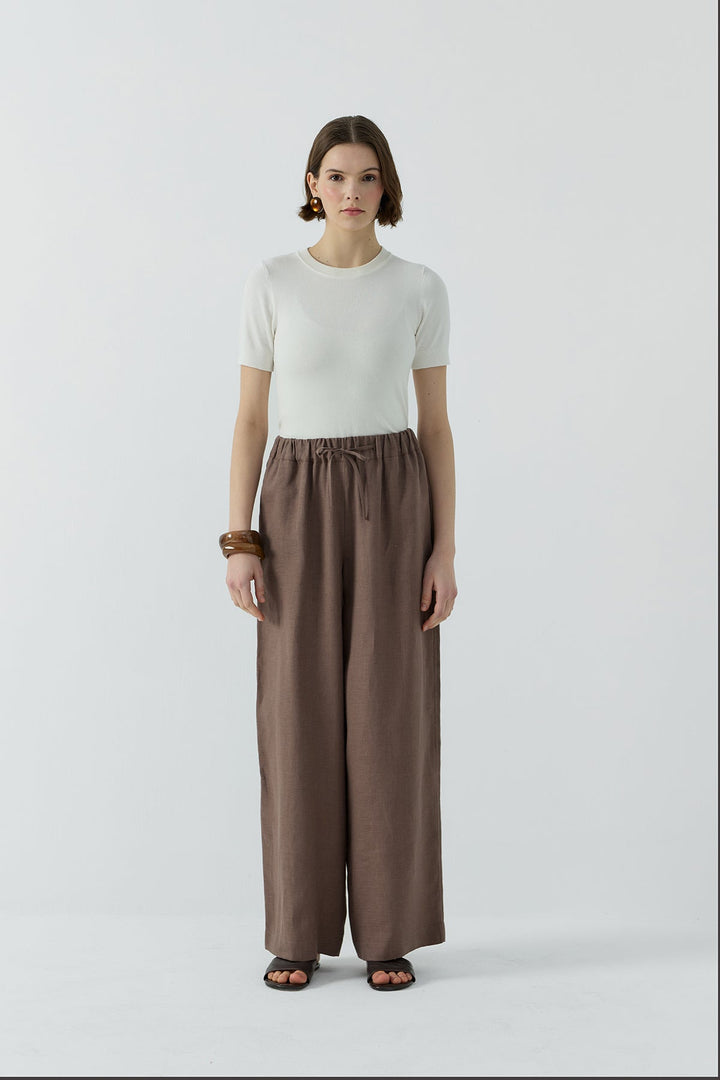 Clande Bol Paça Keten Pantolon 2601-1021 - Kahve - Görsel 1