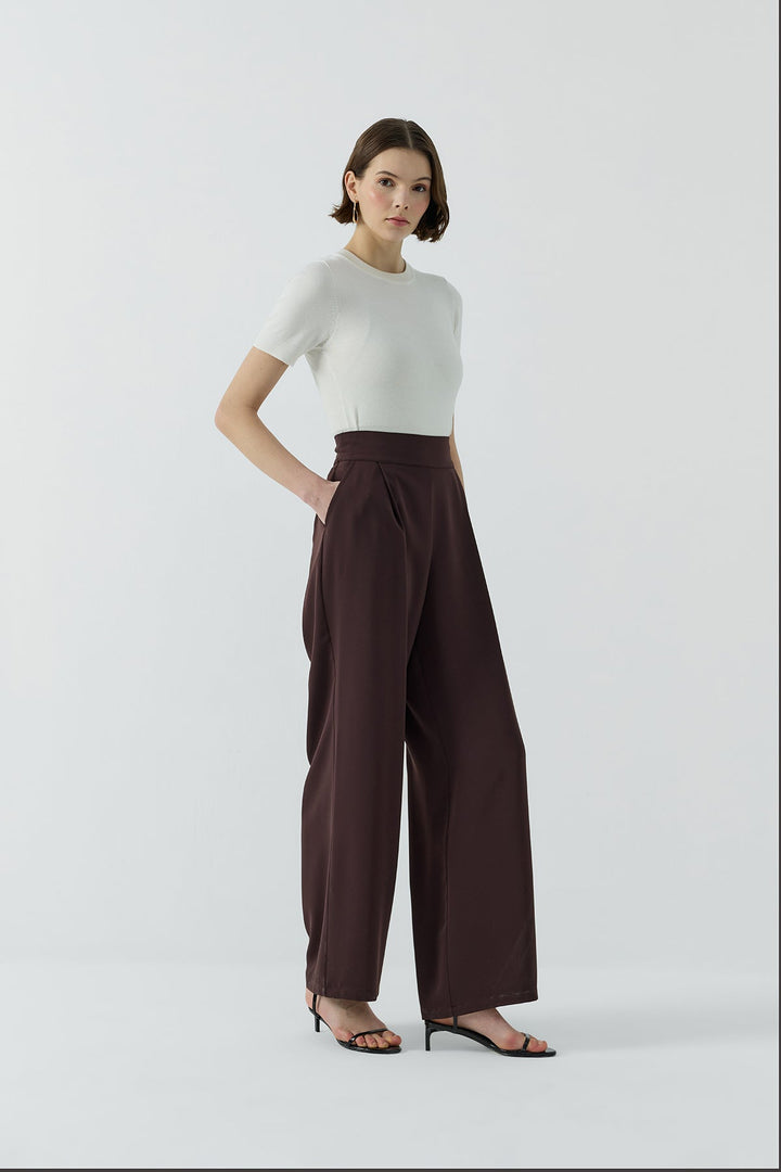 Clande Geniş Paça Pileli Pantolon 2601-1025 - Kahve - Görsel 5