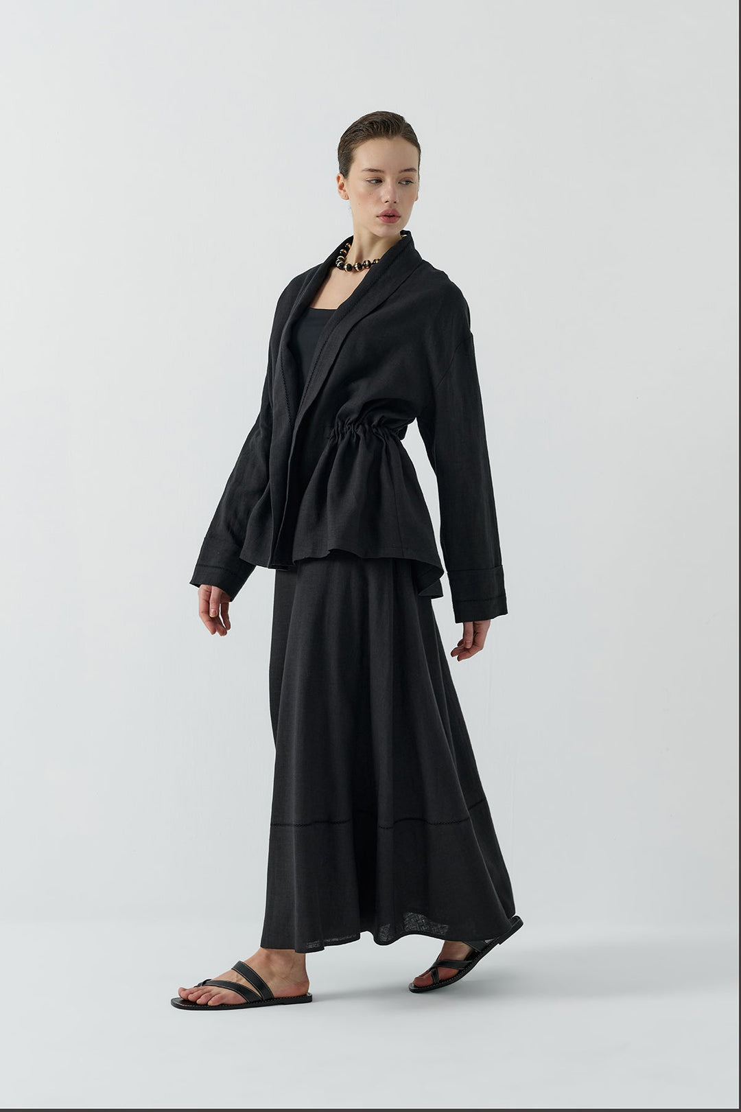 Clande Bel Büzgülü Keten Kimono 2601-4005 - Siyah - Görsel 2