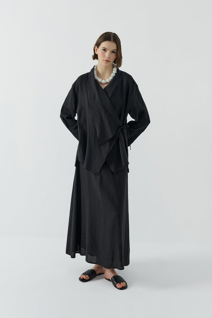 Clande Yan Bağlamalı Keten Kimono 2601-4006 - Siyah - Görsel 3