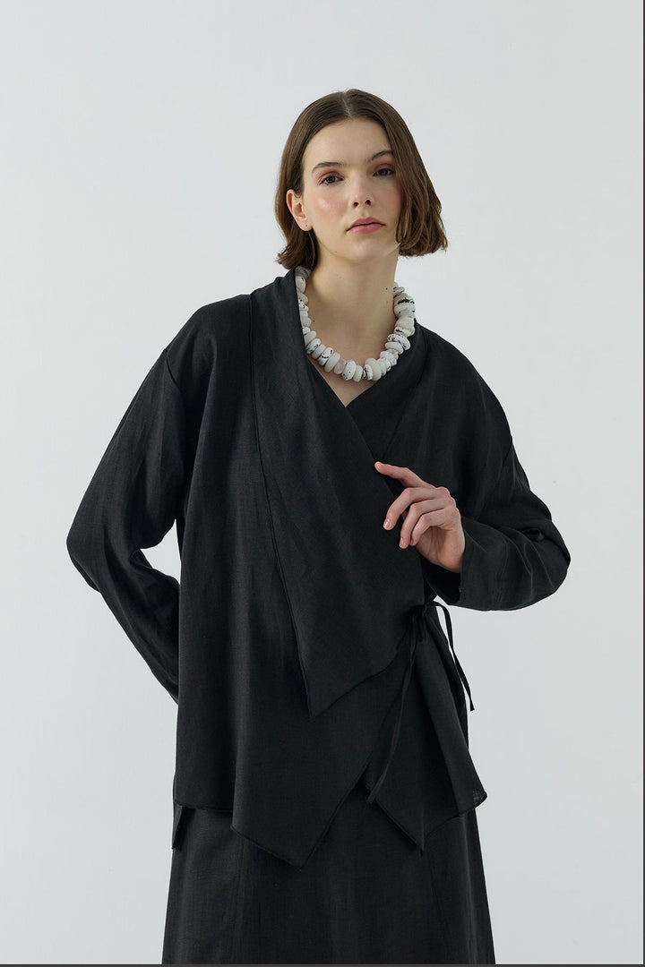 Clande Yan Bağlamalı Keten Kimono 2601-4006 - Siyah - Görsel 4