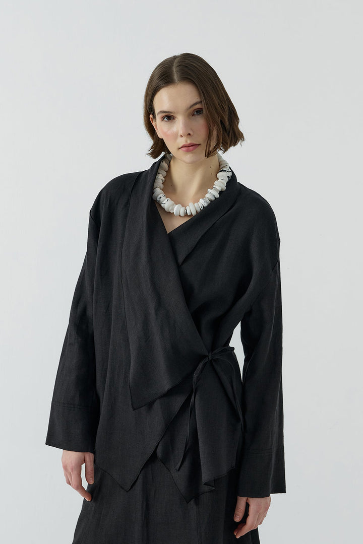 Clande Yan Bağlamalı Keten Kimono 2601-4006 - Siyah - Görsel 5