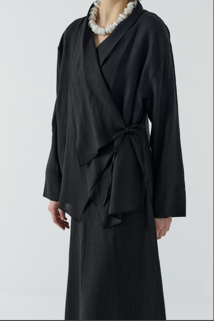 Clande Yan Bağlamalı Keten Kimono 2601-4006 - Siyah - Görsel 6