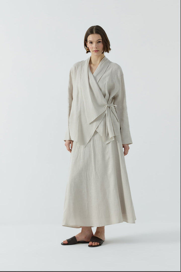 Clande Yan Bağlamalı Keten Kimono 2601-4006 - Bej - Görsel 3