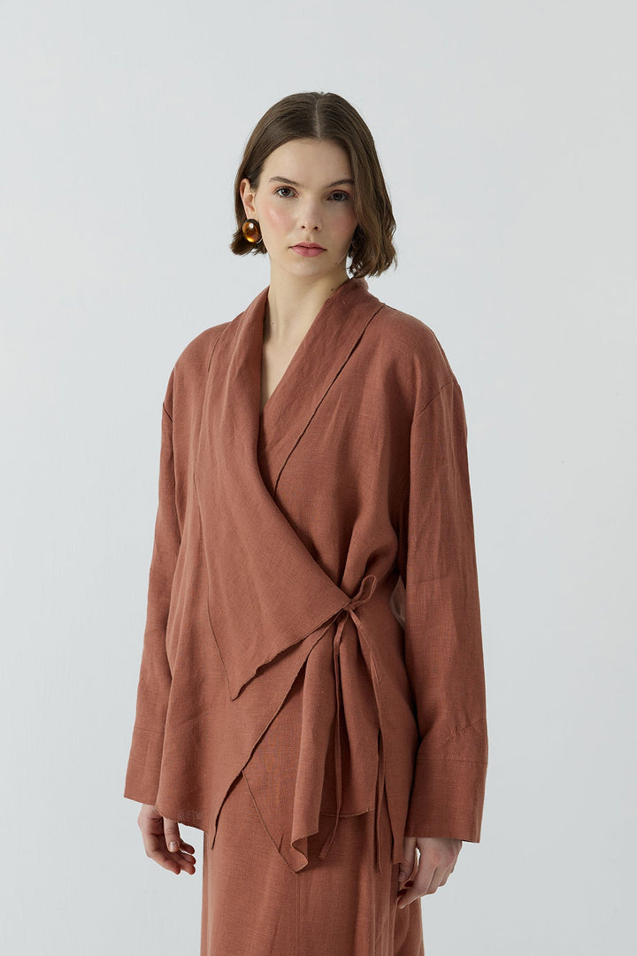 Clande Yan Bağlamalı Keten Kimono 2601-4006 - Kiremit - Görsel 5