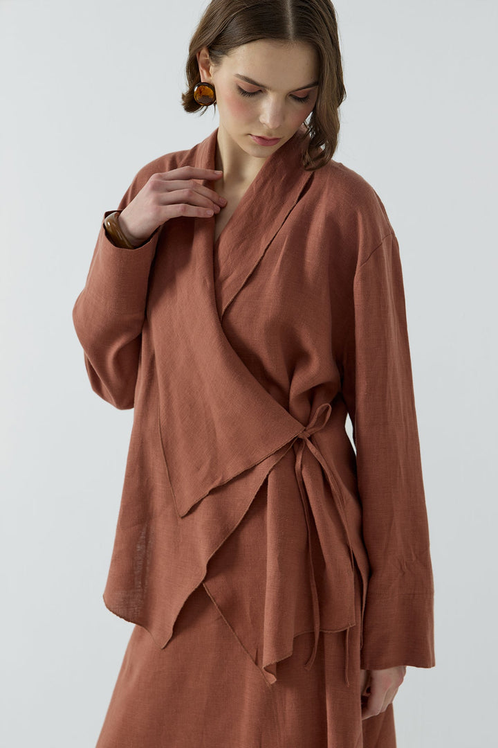 Clande Yan Bağlamalı Keten Kimono 2601-4006 - Kiremit - Görsel 6