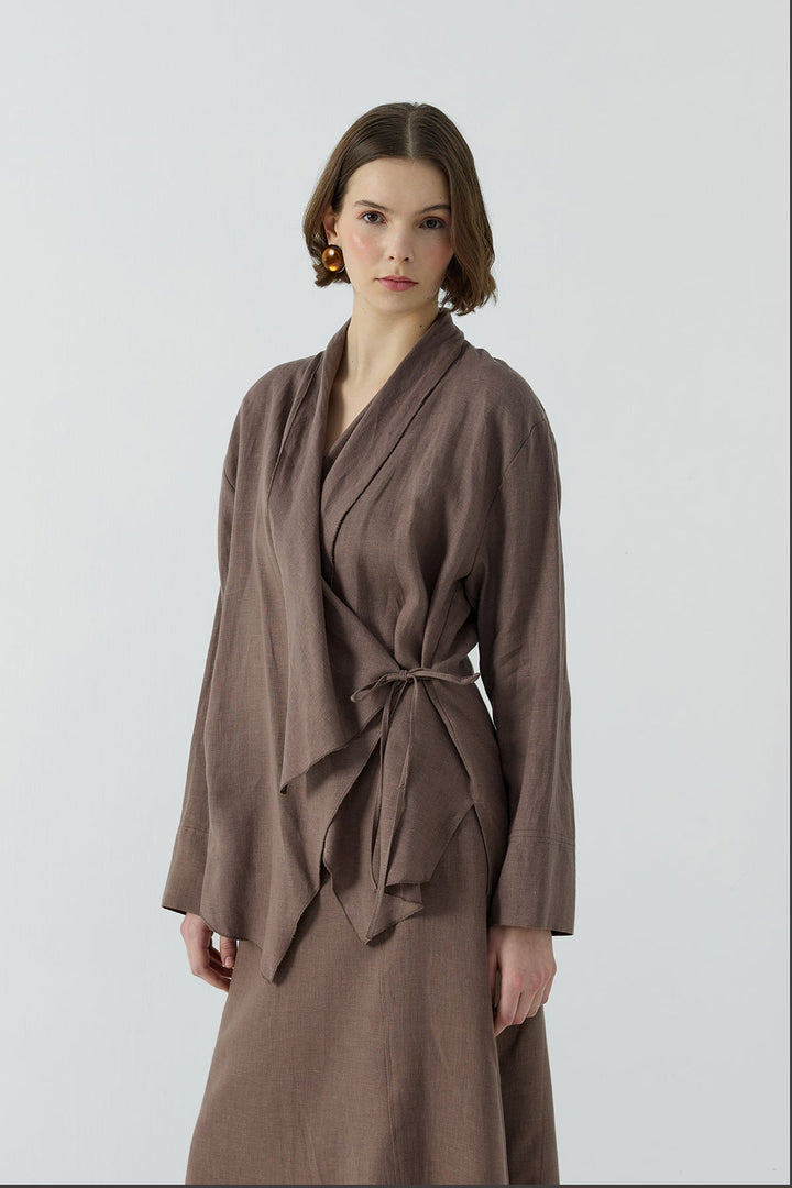 Clande Yan Bağlamalı Keten Kimono 2601-4006 - Kahve - Görsel 4