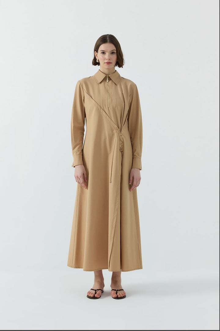 Clande Kuşgözü Detaylı Pamuklu Elbise 2601-5050 - Camel - Görsel 1