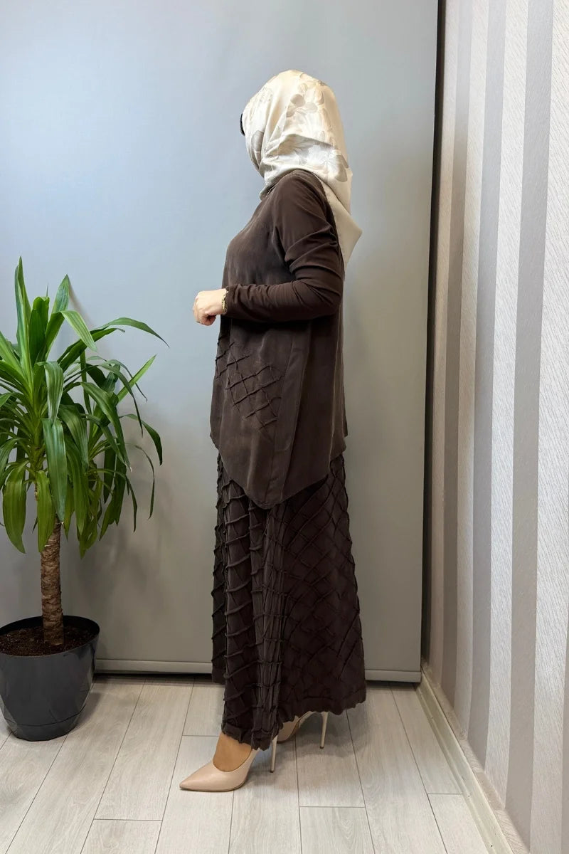 Misswhence Kafes Nervür Detaylı İpek Takım 39002 - Kahve - Görsel 2 #renk_kahve