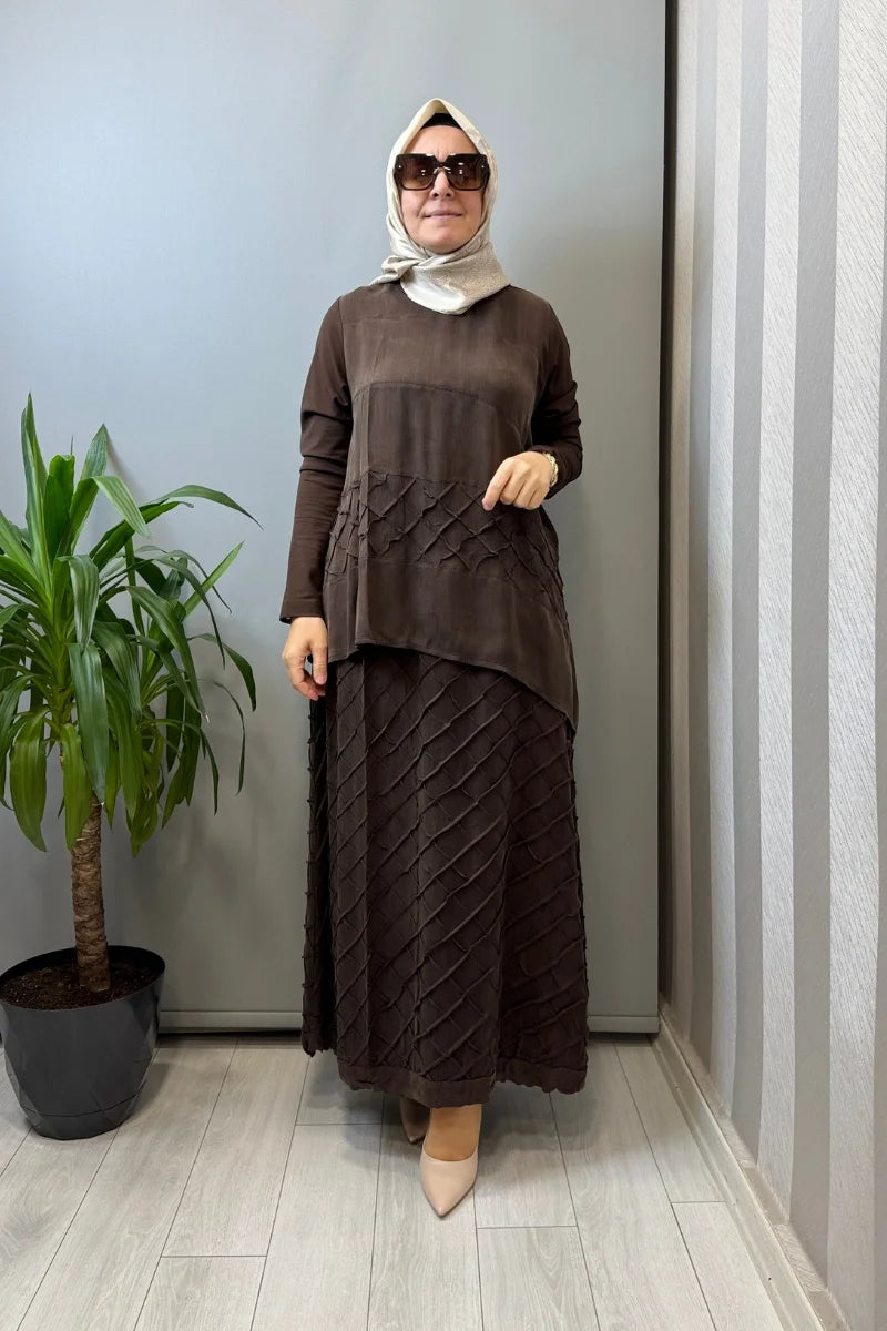 Misswhence Kafes Nervür Detaylı İpek Takım 39002 - Kahve - Görsel 1 #renk_kahve