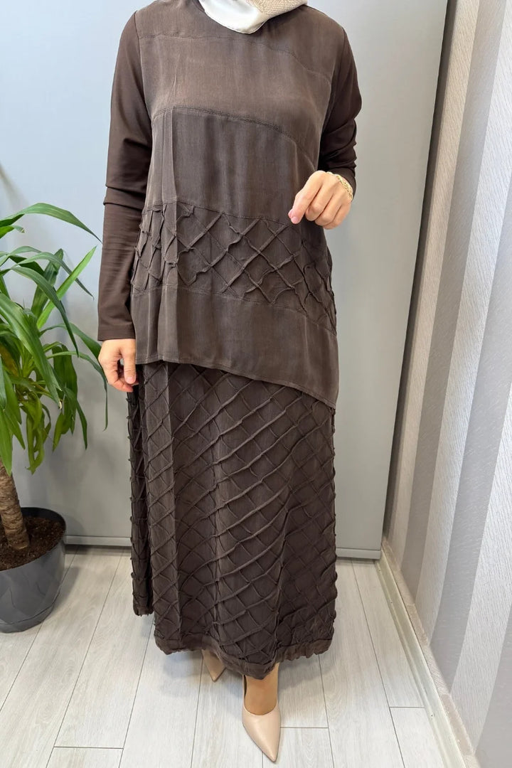 Misswhence Kafes Nervür Detaylı İpek Takım 39002 - Kahve - Görsel 3 