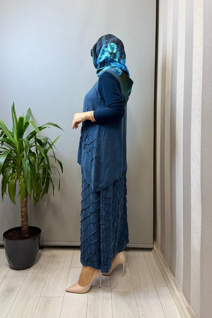 Misswhence Kafes Nervür Detaylı İpek Takım 39002 - İndigo - Görsel 2 