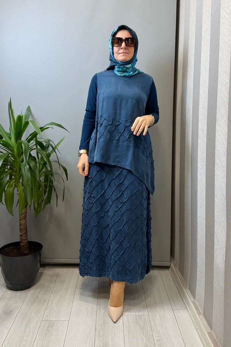 Misswhence Kafes Nervür Detaylı İpek Takım 39002 - İndigo - Görsel 1 