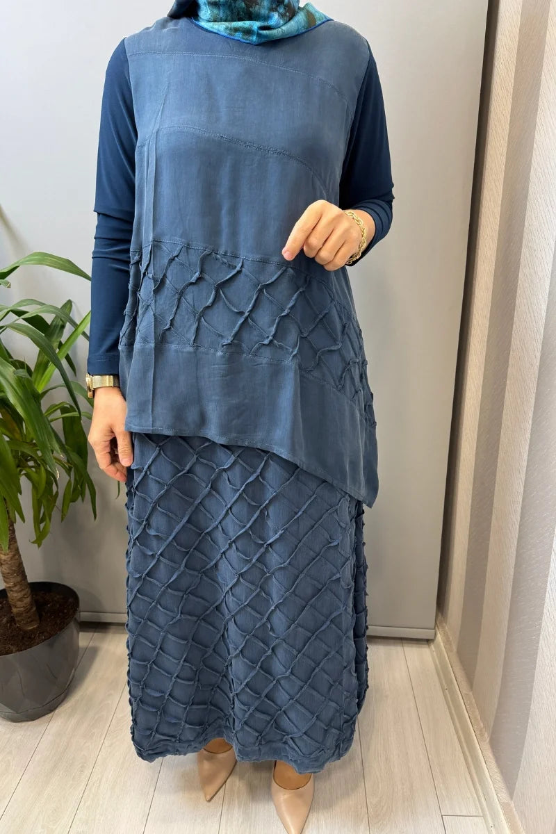 Misswhence Kafes Nervür Detaylı İpek Takım 39002 - İndigo - Görsel 4 