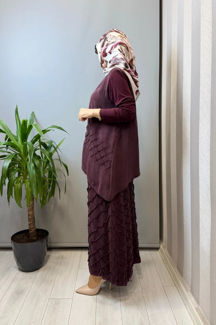Misswhence Kafes Nervür Detaylı İpek Takım 39002 - Bordo - Görsel 2 