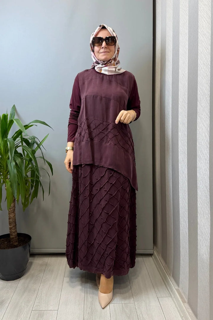 Misswhence Kafes Nervür Detaylı İpek Takım 39002 - Bordo - Görsel 1 