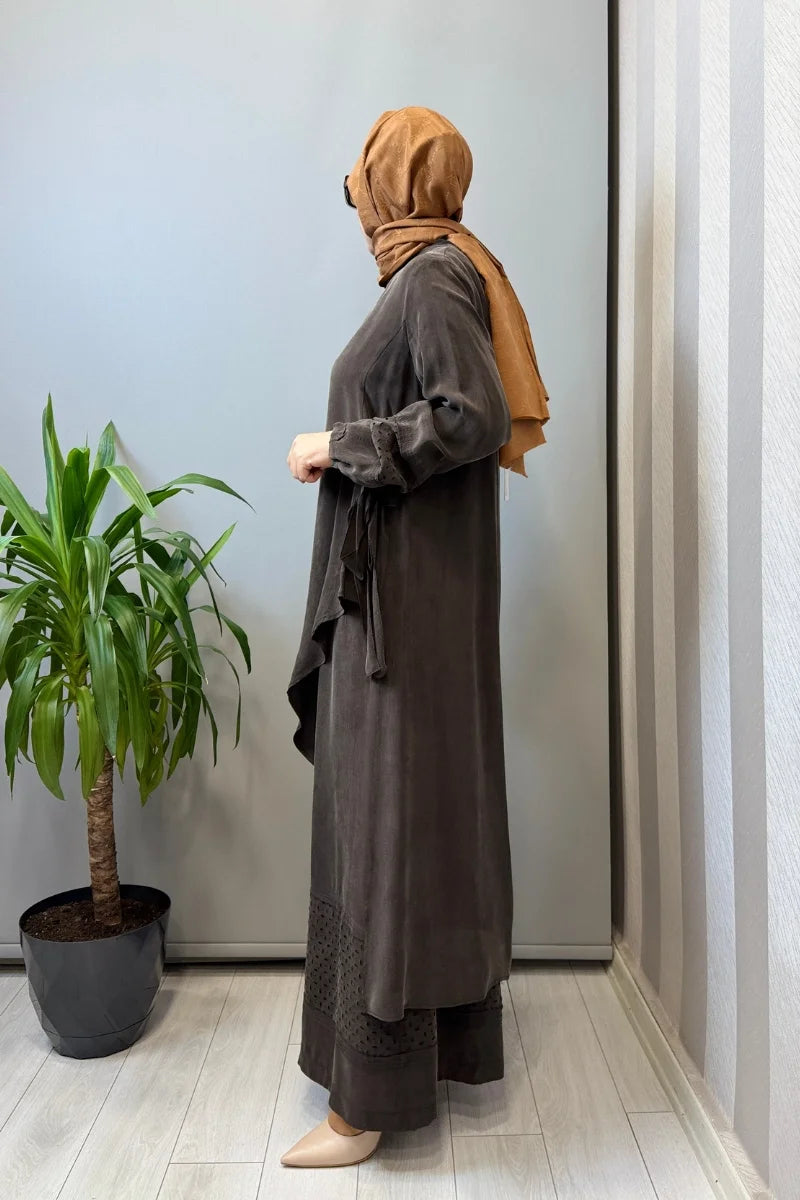 Misswhence Lazer Kesim Detaylı İpek Takım 39003 - Kahve - Görsel 2 