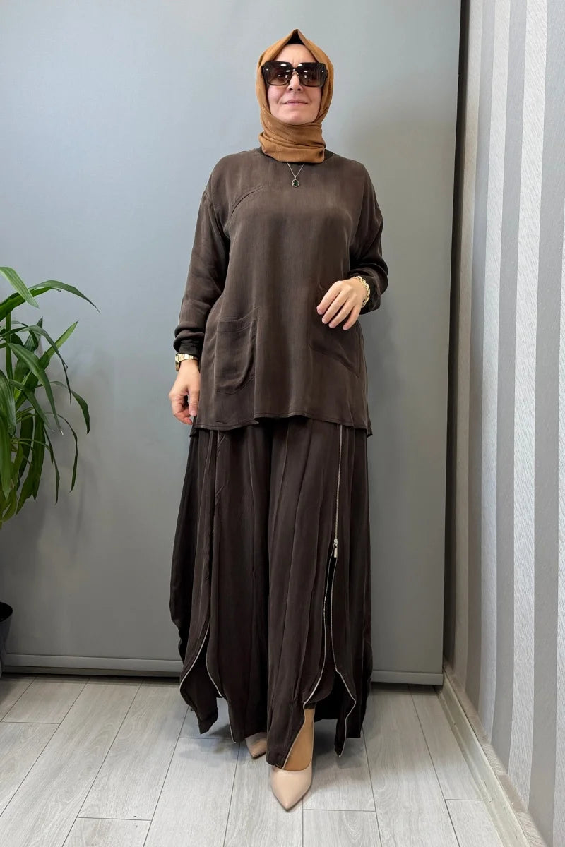 Misswhence Fermuar Detaylı Şalvarlı Takım 39004 - Kahve - Görsel 1 #renk_kahve