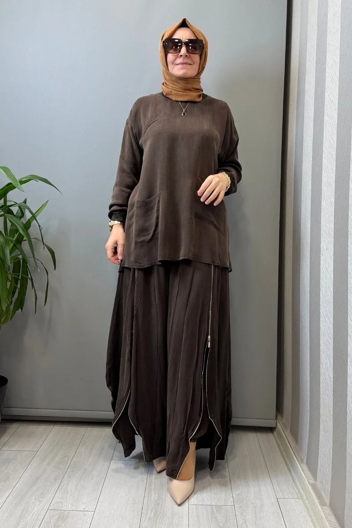Misswhence Fermuar Detaylı Şalvarlı Takım 39004 - Kahve - Görsel 1 