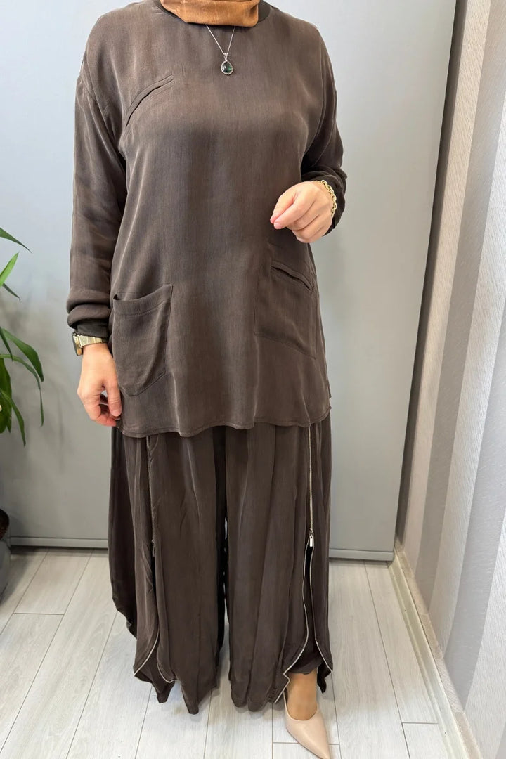 Misswhence Fermuar Detaylı Şalvarlı Takım 39004 - Kahve - Görsel 3 