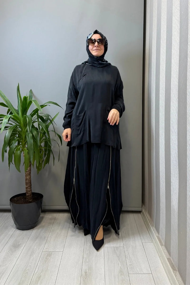 Misswhence Fermuar Detaylı Şalvarlı Takım 39004 - Siyah - Görsel 1 