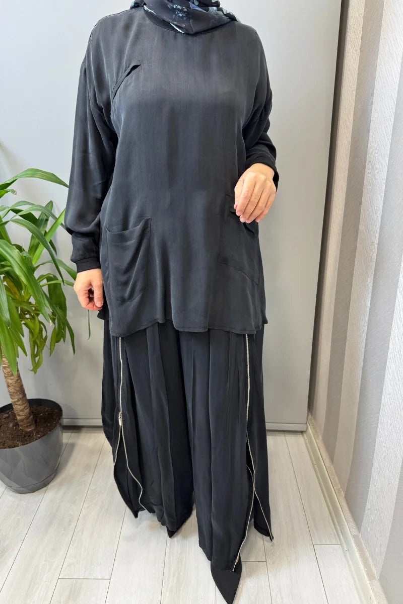 Misswhence Fermuar Detaylı Şalvarlı Takım 39004 - Siyah - Görsel 4 
