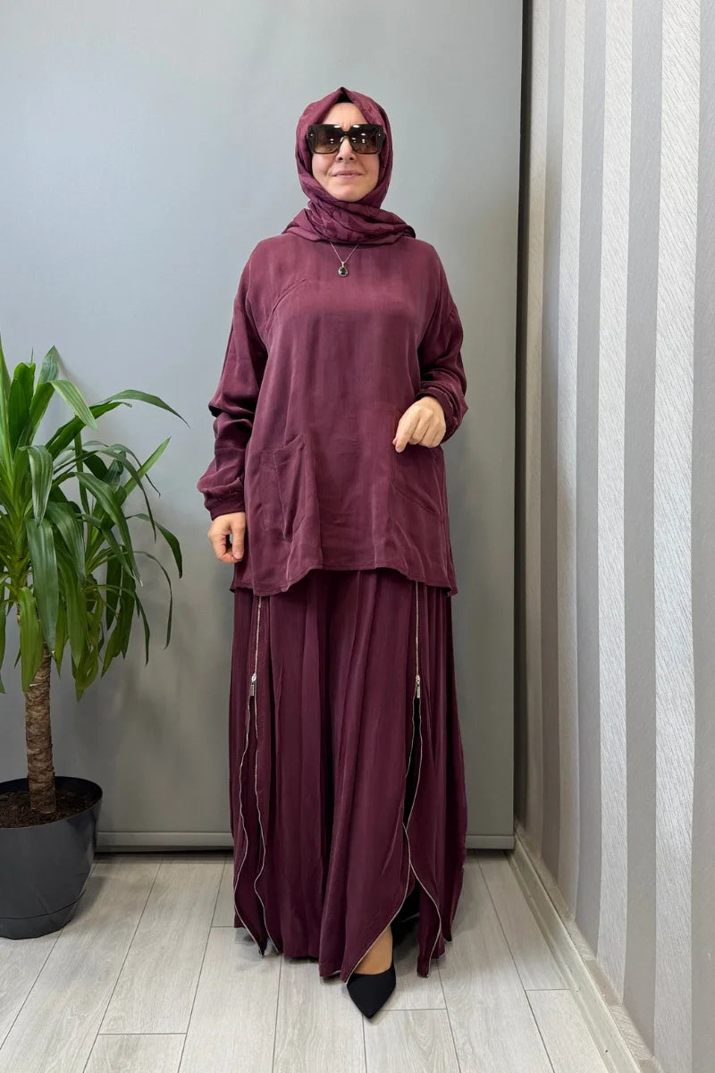 Misswhence Fermuar Detaylı Şalvarlı Takım 39004 - Bordo - Görsel 1 