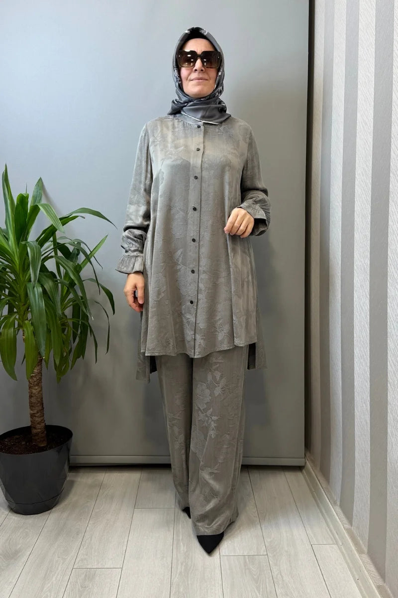 Misswhence Çıtçıtlı İpek Gömlek Takım 39019 - Gri - Görsel 1 #renk_gri