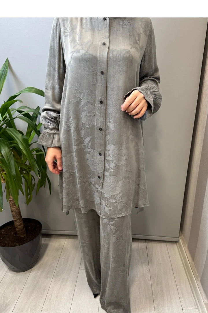 Misswhence Çıtçıtlı İpek Gömlek Takım 39019 - Gri - Görsel 4 