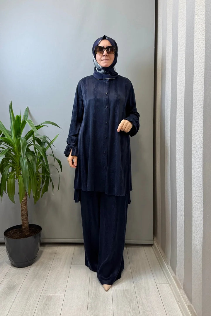 Misswhence Çıtçıtlı İpek Gömlek Takım 39019 - Lacivert - Görsel 1 