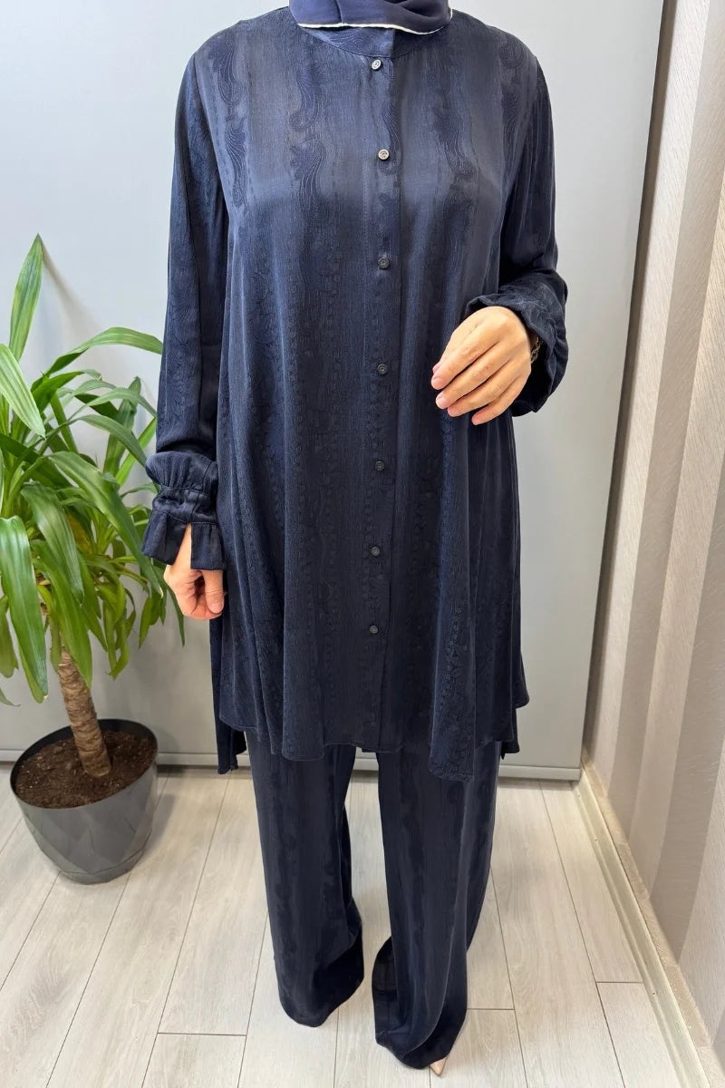 Misswhence Çıtçıtlı İpek Gömlek Takım 39019 - Lacivert - Görsel 4 
