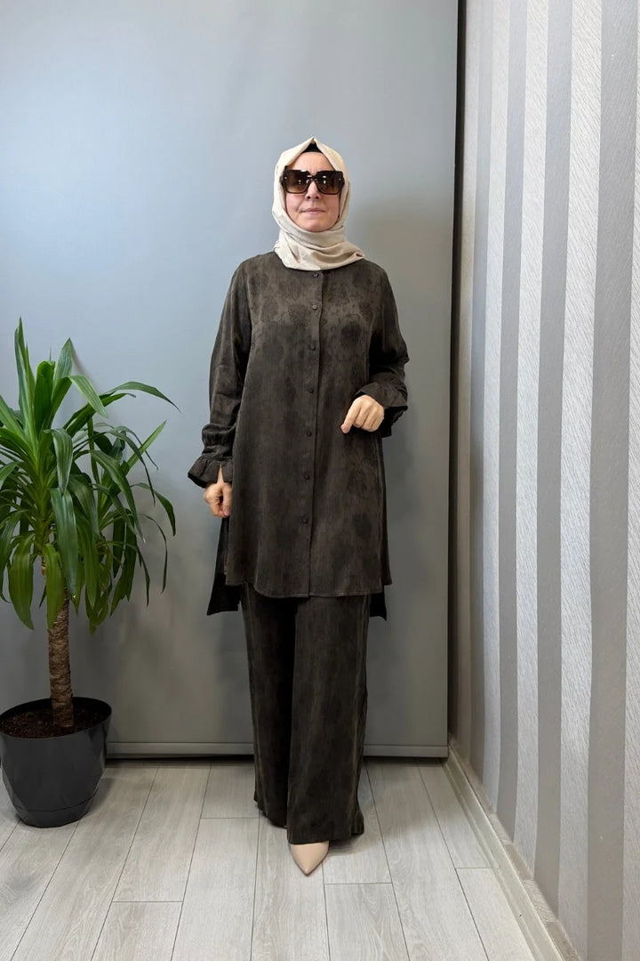 Misswhence Çıtçıtlı İpek Gömlek Takım 39019 - Kahve - Görsel 1 