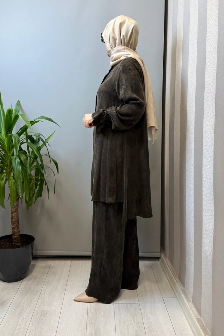 Misswhence Çıtçıtlı İpek Gömlek Takım 39019 - Kahve - Görsel 2 