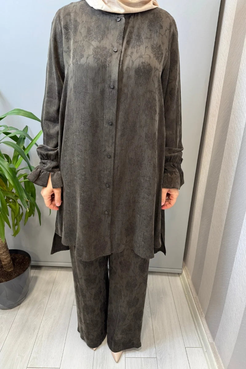 Misswhence Çıtçıtlı İpek Gömlek Takım 39019 - Kahve - Görsel 3 