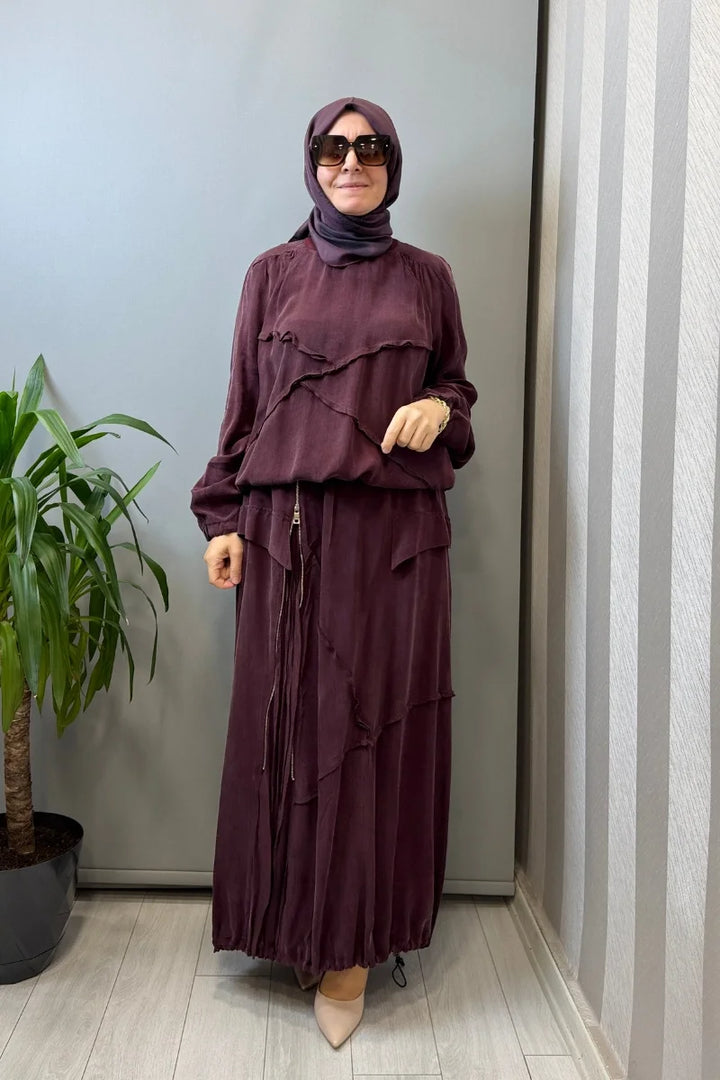 Misswhence Ters Dikiş Detaylı İpek Takım 39020 - Bordo - Görsel 1 