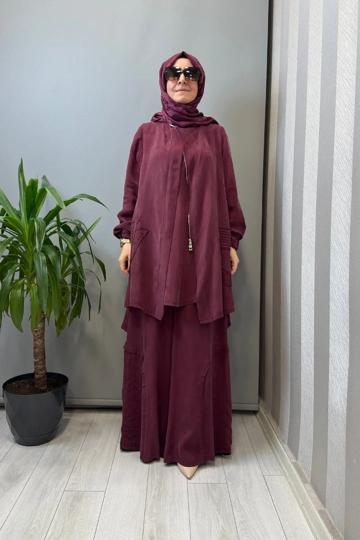 Misswhence Üçlü İpek Takım 39208 - Bordo - Görsel 1 