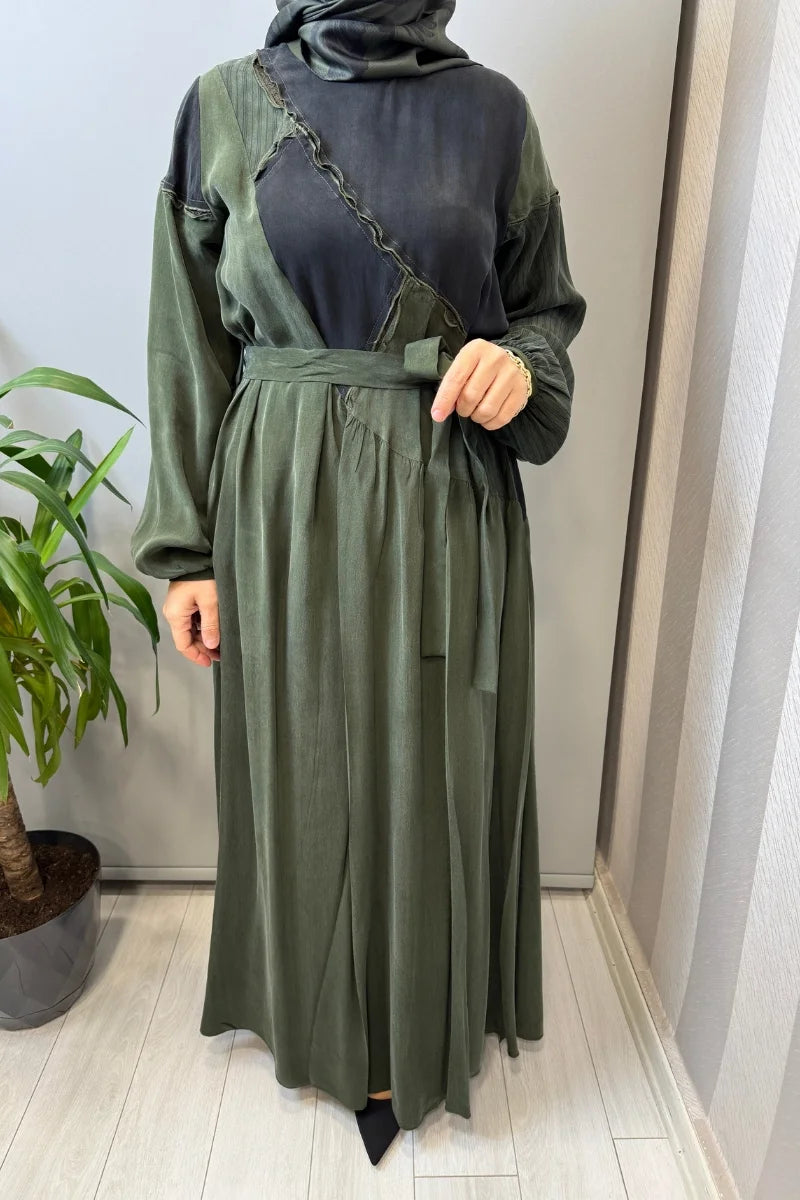 Misswhence Patchwork İpek Elbise 39801 - Yeşil - Görsel 3 