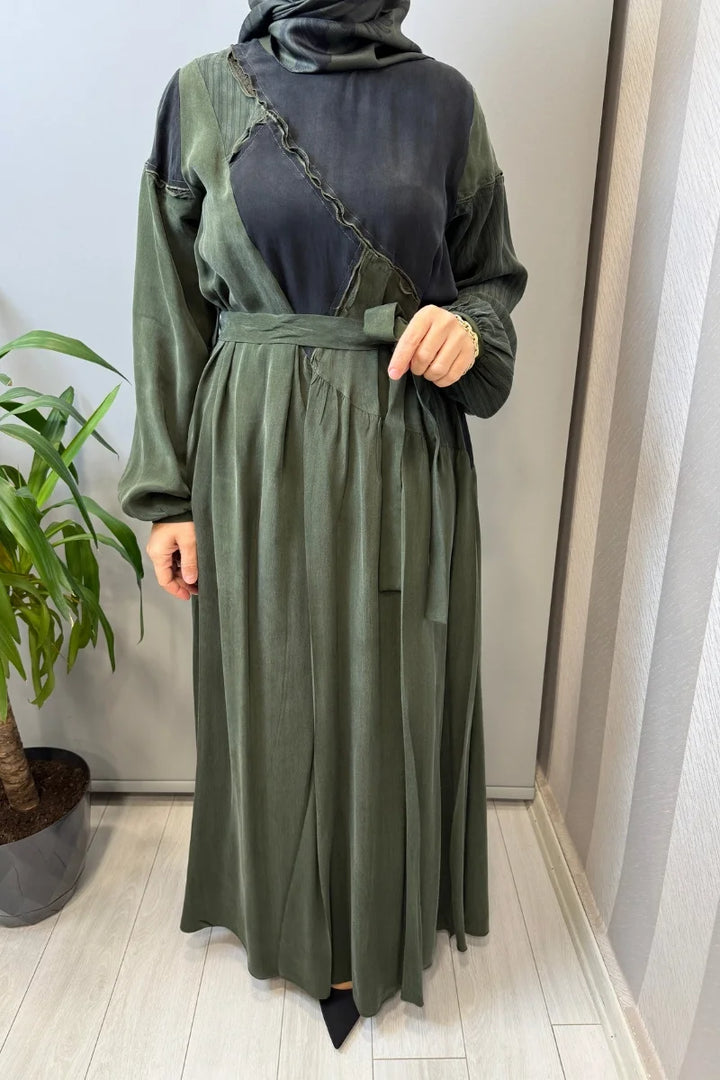 Misswhence Patchwork İpek Elbise 39801 - Yeşil - Görsel 3 