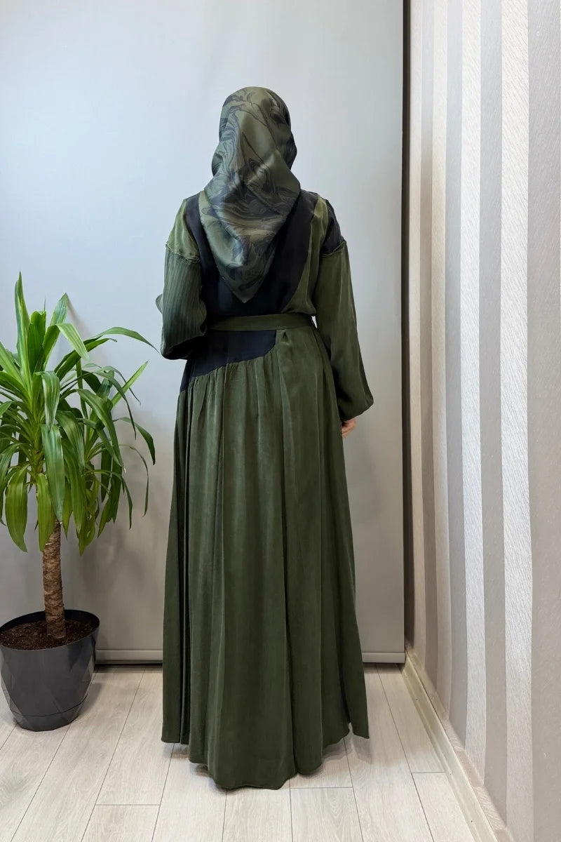 Misswhence Patchwork İpek Elbise 39801 - Yeşil - Görsel 4 