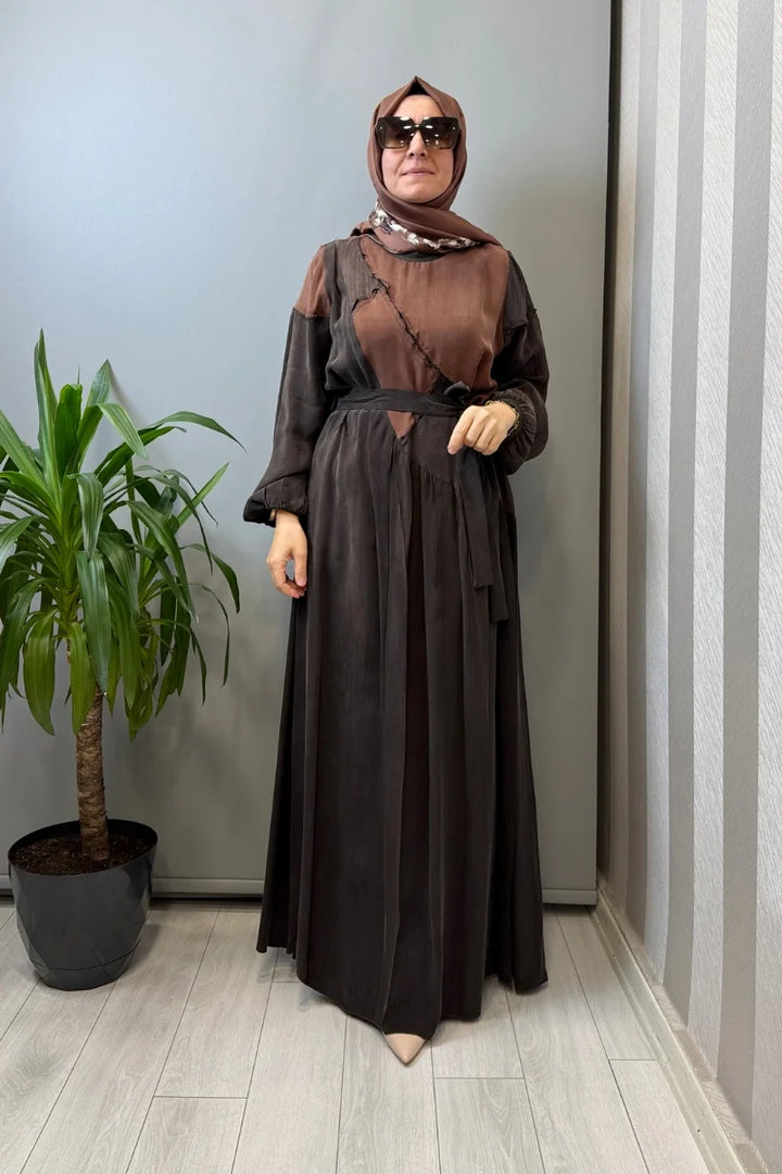 Misswhence Patchwork İpek Elbise 39801 - Kahve - Görsel 1 