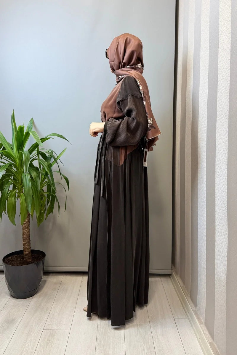 Misswhence Patchwork İpek Elbise 39801 - Kahve - Görsel 2 