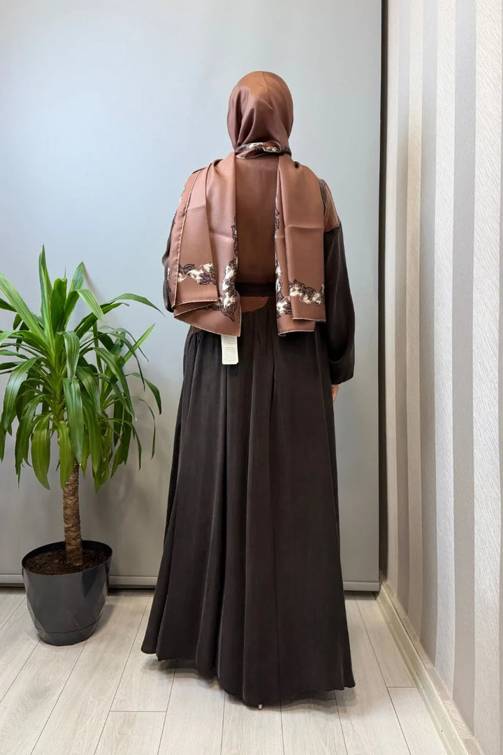 Misswhence Patchwork İpek Elbise 39801 - Kahve - Görsel 4 