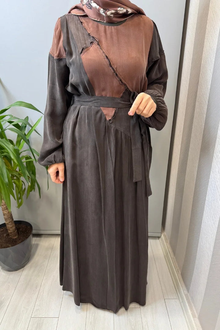 Misswhence Patchwork İpek Elbise 39801 - Kahve - Görsel 3 