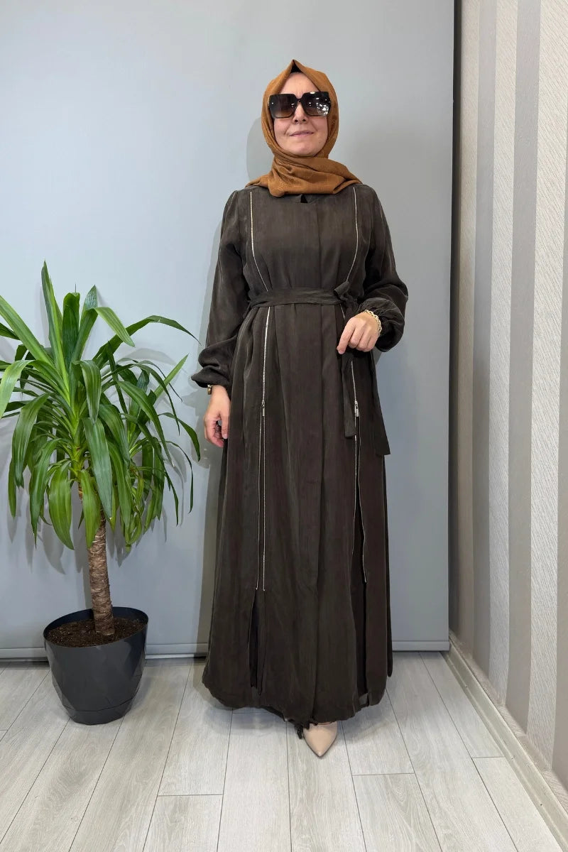 Misswhence Fermuar Detaylı İpek Ferace 39501 - Kahve - Görsel 1 