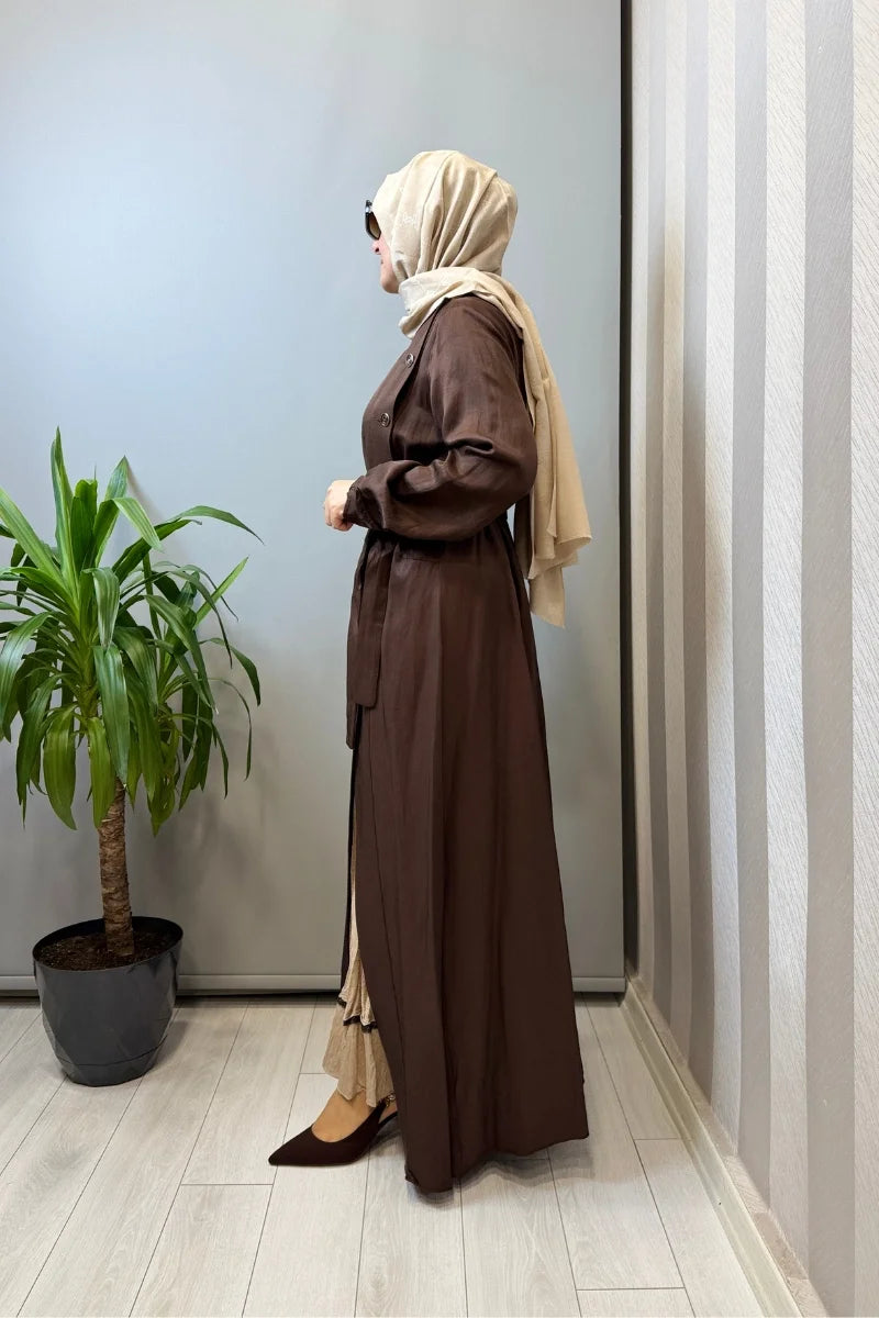Misswhence İpek Keten İkili Elbise 39806 - Kahve - Görsel 2 #renk_kahve