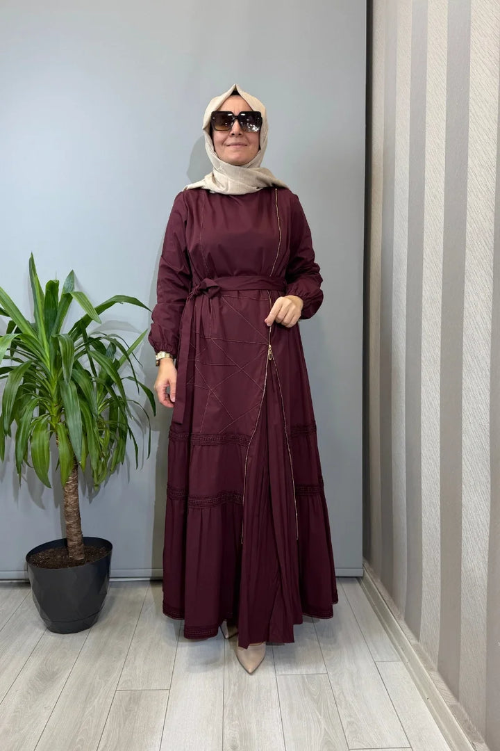 Misswhence Fermuar ve Dikiş Detaylı Poplin Elbise 39807 - Bordo - Görsel 1 