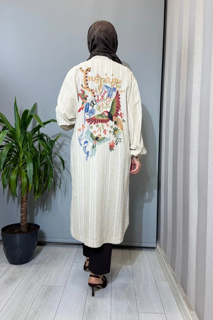 Ghisa Arkası İşleme Detaylı Keten Gömlek Bej Çizgili 3610T 4088
