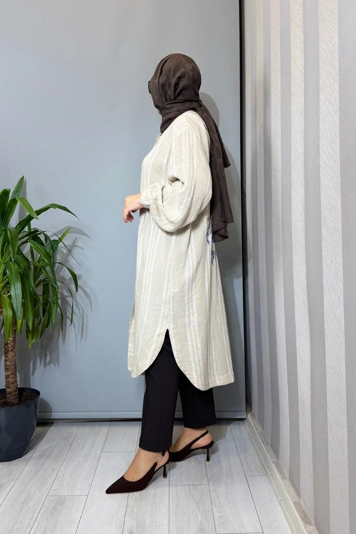 Ghisa Arkası İşleme Detaylı Keten Gömlek Bej Çizgili 3610T 4088