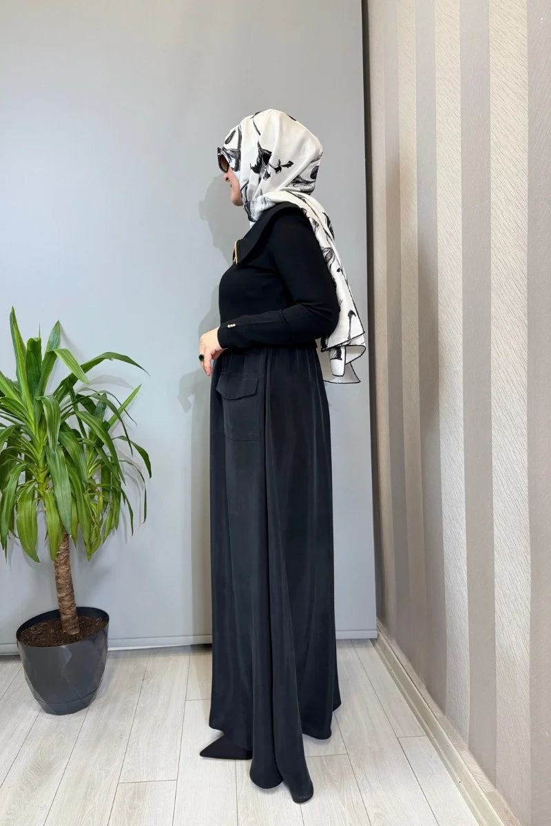 Miss Dalida Fermuar Detaylı Yüksek Yakalı Cupro Elbise Siyah T26Y- 4032 - Siyah - Görsel 2 #renk_siyah